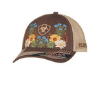 Ariat Women's Floral Embroidery Cap showcasing intricate floral designs on a brown and beige 6-panel design.