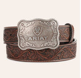 Ariat Men's Floral Tooled Leather Belt with Etched Silver Buckle