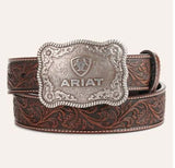 Ariat Men's Floral Tooled Leather Belt with Etched Silver Buckle on light background