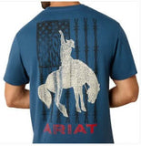 Ariat Flag Bronco Short Sleeve T-Shirt featuring bronc rider graphic on back in Key Largo Blue.