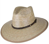 Stetson Arrowrock Palm Straw Safari Fedora Hat with leather band and ventilation grommets, perfect for outdoor adventures.