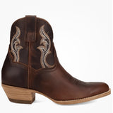 Dan Post Womens Rustic Charm Western Bootie in brown leather with stylish embroidery and cowboy heel.