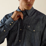 Ariat Men's Felipe Fitted Snap Shirt showcasing snap-front closure and two chest pockets in dark denim.