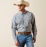 Ariat Men's Pro Series Fintan Classic Fit Snap Shirt in blue and white check, modeled by a man wearing a cowboy hat.