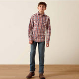 Ariat Boys' Retro Hodge Snap Shirt in plaid pattern, perfect for school and barn adventures.