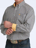 Cinch Men's Geometric Navy & Yellow Print Long Sleeve Shirt featuring a classic fit and contrasting yellow cuffs.
