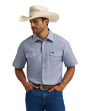 Wrangler Men's Cowboy Cut Firm Finish Short Sleeve Western Shirt worn by a man with a cowboy hat, showcasing a classic ranch style.