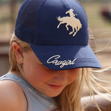 Cruel Girl Girls' blue snapback trucker hat featuring cowgirl design and classic western style.
