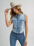 Wrangler Women's Frayed Hem Sleeveless Denim Snap Shirt