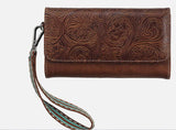 Nocona Women's Amelia Floral Embossed Brown Wallet Clutch with wrist strap showcasing western style