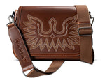 Ariat Women's Casanova brown leather boot stitch crossbody purse with western design and strap.