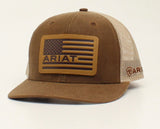 Ariat Men's R112 brown cap with leather USA flag patch and camo mesh back for all-day comfort.