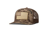 Ariat Men's R112 Brown Camo Snapback Cap featuring American flag patch and rugged design.