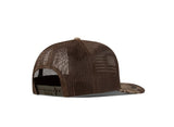 Ariat Men's R112 Brown Camo Snapback Cap showing the back mesh design and American flag patch detail.