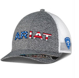Ariat Men's Grey 6-Panel USA Flag Embroidered Snapback Cap showcasing patriotic design and comfort.
