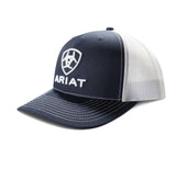 Ariat Men's Navy 3D Embroidered Name & Shield Snapback Cap with white mesh panels.
