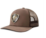 Ariat Men's Brown Floral Engraved Bronze Metal Shield Snapback Cap with mesh panels and premium design.