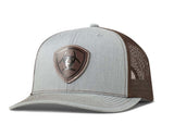 Ariat Men's Light Grey Faux Leather Embossed Shield Patch Cap with structured design and mesh back.