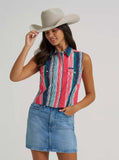 Wrangler Retro® Women's Brushpopper Stripe Slim Crop Snap Tank worn by model with cowboy hat and denim skirt.