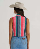 Back view of a model wearing a Wrangler Retro® Women's Brushpopper Stripe Slim Crop Snap Tank with colorful stripes and a hat.