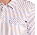Rock & Roll Denim white pearl snap shirt for men featuring stylish stripes and fashionable western design.
