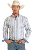 Panhandle Slim Men's Rough Stock Sky Blue Stripe Button Long Sleeve Western Shirt model wearing cowboy hat