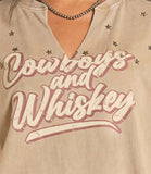 Rock & Roll Cowgirl Cowboys and Whiskey graphic tee close-up design on olive fabric with stars