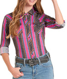 Rock & Roll Cowgirl women's TekWestern snap shirt in Aztec Black with colorful stripes, perfect for ranch and road.