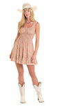Rock & Roll Denim Women's Floral Burnt Orange Mini Dress with cowboy boots and a hat, perfect for summer events.
