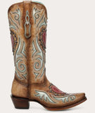 Corral Women's Sand Snip Toe Cowboy Boot featuring heart inlay and intricate embroidery details.