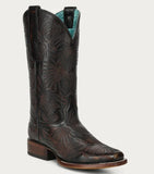 Corral Women's Black Honey Floral Petal Embroidery Square Toe Cowboy Boot showcasing intricate floral design and brown leather.