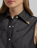 Close-up of the Wrangler x Lainey Wilson Women's Black Denim Sleeveless Western Shirt showcasing western details and collar.