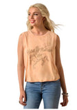Ariat Women's Wild Roper Sleeveless Tank in vibrant orange with vintage graphic, perfect for a western lifestyle.