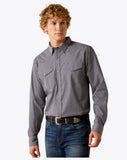 Ariat Men's Wrinkle Free Dennis Fitted Long Sleeve Snap Shirt in gray pattern, styled for a tailored look.