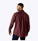 Ariat Men's Wrinkle Free Wrenly Classic Fit Long Sleeve Shirt in maroon, showing back view and detail of the design.