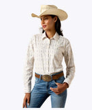 Ariat Women's Kirby Stretch Long Sleeve Button-Down Shirt paired with a cowboy hat and western belt.