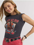 Model wearing a Wrangler Lainey Wilson x Wrangler On Deck Shrunken Band Tee featuring vintage horse graphic.