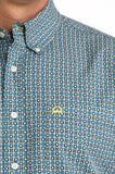Cinch Men's Short Sleeve Print Arenaflex Shirt featuring a stylish blue and green patterned design.