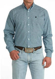 Cinch Men's Long Sleeve Blue Geometric Print Western Shirt modeled by a man, showcasing classic fit and bold pattern.