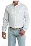 Cinch Men's Classic Fit Pinstripe Long Sleeve Western Shirt on a male model, featuring blue and white stripes and embroidered logo.