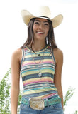 Cruel Girl women's sleeveless denim tank top paired with a hat and belt, perfect for warm weather cowgirl style.
