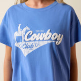 Ariat Women's cowboy club cropped graphic t-shirt in blue featuring vintage chenille embroidery.