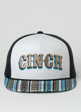 Cinch Men's Aztec Print Snapback Trucker Cap with bold lettering and colorful flat bill design.