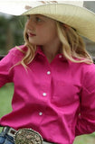 Cruel Girl Women's Long Sleeve Pink Western Shirt worn by girl with cowboy hat, featuring button closure and chest pocket.