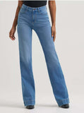 Woman wearing Wrangler Bespoke High Rise Trouser Jean in Bristol Wash with vintage flare.