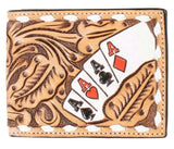 3D Men's Hand-Tooled Leather Bifold Wallet with Pass Case – Hand-Painted Ace Cards