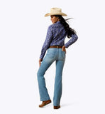 Ariat Women's Perfect Rise Revel Ultrastretch Boot Cut Jeans in Vilma paired with a stylish plaid shirt and cowboy hat.