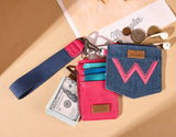 Wrangler Women's Denim Dual Pouch Wristlet Wallet in Hot Pink with mini coin purse and card case.