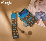 Wrangler Women's Western Print RFID Blocking Wallet in Coffee with cards and lanyard on a tan surface.