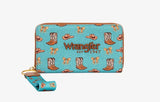 Wrangler Women's Rodeo Icons Zip-Around Wristlet Wallet featuring a turquoise rodeo print and durable canvas design.